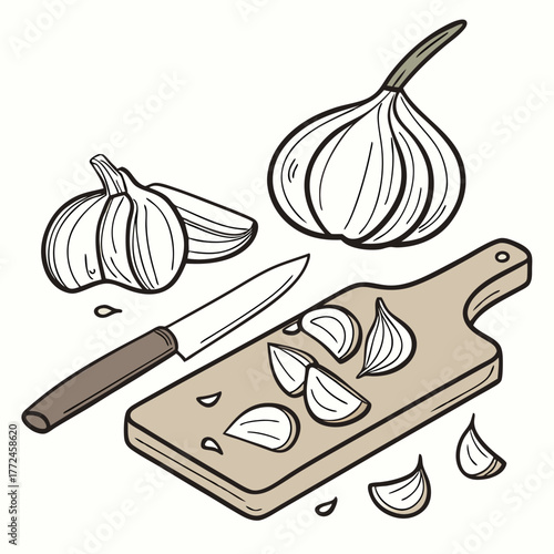 Garlic bulbs and cloves on a cutting board with a knife on a white background Keywords: garlic, bulb, cloves, cooking, ingredient, food preparation, kitchen, knife, cutting board, chopping, fresh