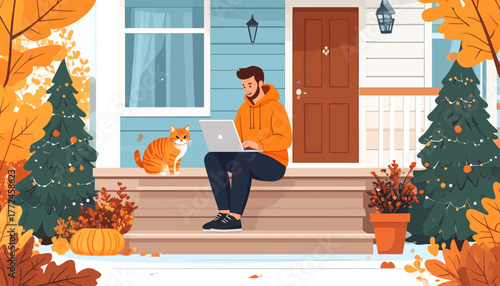 Man working on laptop on porch with cat, embracing remote work and the freedom of working from anywhere