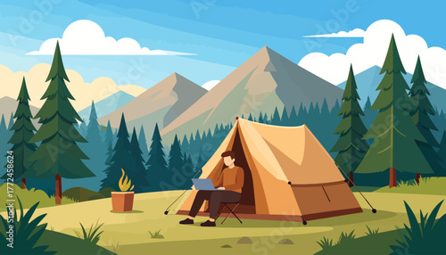 Productive remote work from anywhere a person at a serene mountain campsite embraces flexible employment, balancing nature and technology