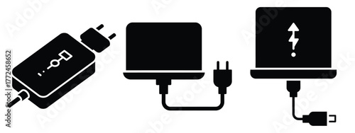 laptop charger minimal icon set, black color and white background
