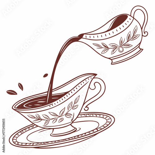 Gravy Boat Pouring Sauce into a Decorative Cup and Saucer with Coffee Beans Keywords: gravy, sauce, pouring, liquid, food, drink, culinary, kitchen, utensil, serving, dish, decorative, ornate, cup