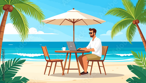 A man enjoys work from anywhere, remote work on a tropical beach under a sun umbrella, laptop on table