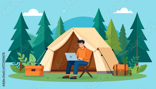 A man enjoys the freedom of remote work, typing on a laptop while camping in the wilderness, illustrating the work from anywhere concept