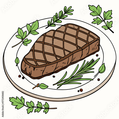 Grilled steak on a plate with rosemary, parsley and peppercorns meat beef