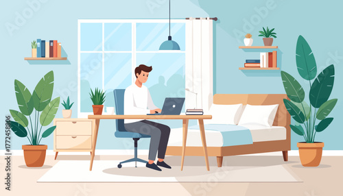 Productive young man working from his comfortable home office, embodying the flexibility of modern remote work and the freedom to work from anywhere with a laptop connection