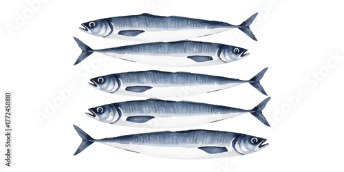 Sea watercolor pattern. Sardines, fish, herring. Simple decor in Scandinavian style in soft blue and brown tones. For wrapping paper, fabric. Vector