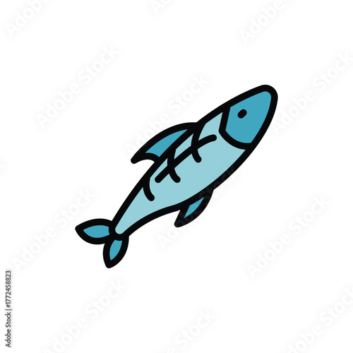A stylized light blue fish with black outlines oriented diagonally