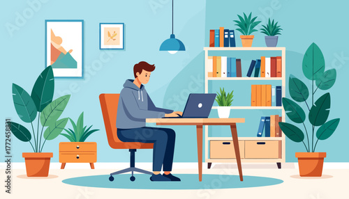 Vector illustration of a man at his desk in a modern home office, embracing the convenience and lifestyle of remote work and the ability to work from anywhere