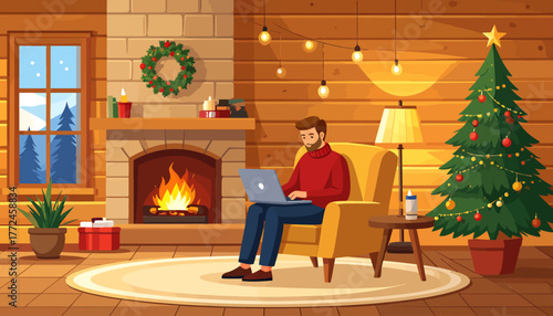 Cozy winter remote work scene a man enjoys the festive ambiance and holiday spirit while embracing work from anywhere, blending productivity with seasonal cheer and comfort