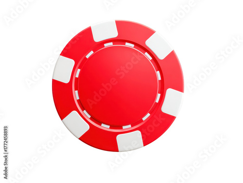 Red poker chip with white accents, isolated on transparent background, used in casino games, gambling, and betting, symbolizing luck and excitement