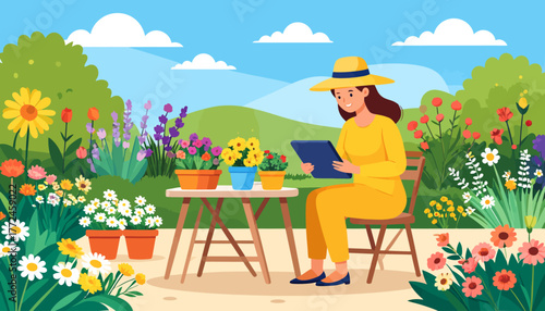 Work from anywhere, remote work Woman in a garden office, enjoying a work-life balance & productivity