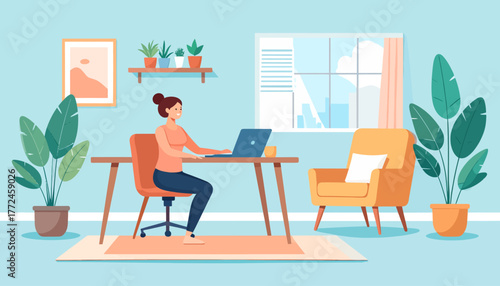 Illustration of a woman enjoying the flexibility of remote work in a comfortable home office setup, embracing the work from anywhere lifestyle