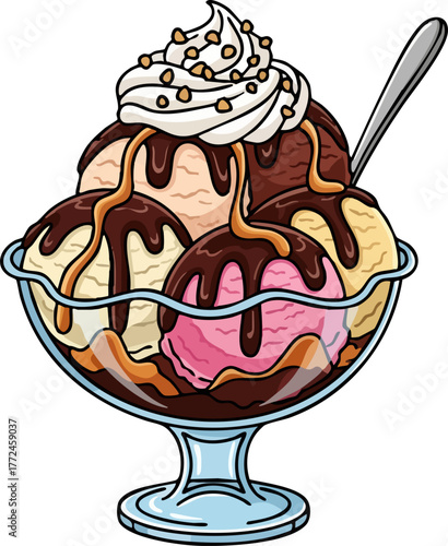 Ice cream sundae in a glass bowl, four scoops with chocolate syrup, flat vector illustration.