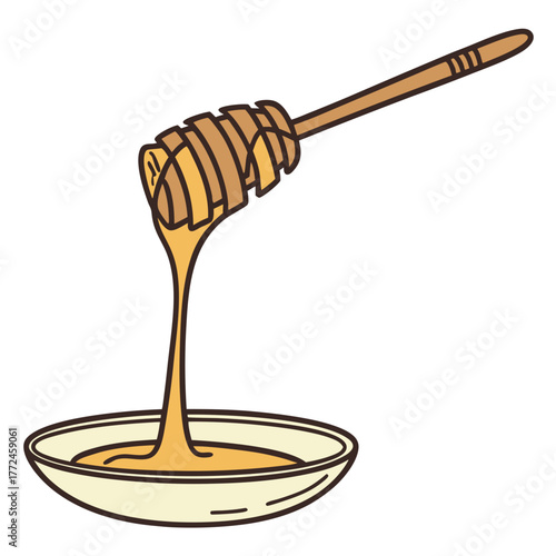 Honey dipper with dripping honey over a small bowl on a white background Keywords: honey, dipper, honey dipper, dripping, pouring, sweet, liquid, golden, viscous, food, ingredient, sweetener