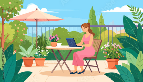 Work from anywhere Woman enjoying remote work on a beautiful balcony garden