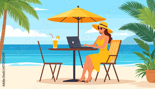 Enjoying the freedom of work from anywhere a woman remote working on a laptop at a beachside table with a refreshing drink