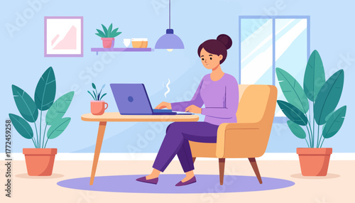 Empowering remote work and work from anywhere A woman comfortably working on her laptop in a well-lit home office