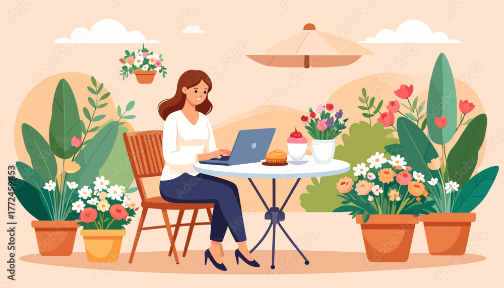 Fototapeta premium Work from Anywhere A woman enjoys remote work in a serene garden setting with flowers and a laptop