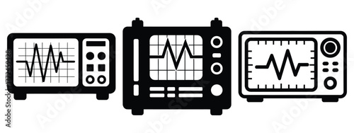 oscilloscope minimal flat icon set, black color and white background