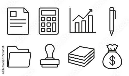 Business finance icon set: documents, calculator, growth graph, pen, folder, stamp, money bag, paper stack