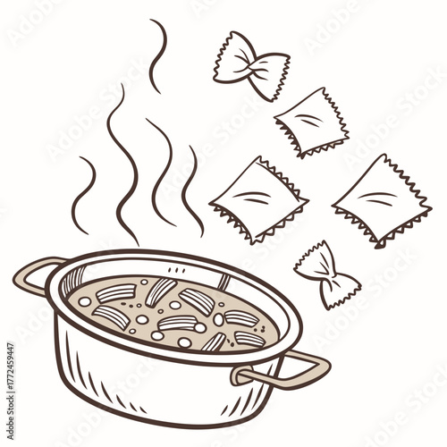 Pot of soup with pasta and steam rising, with farfalle pasta pieces falling into it Keywords: soup, pasta, cooking, pot, saucepan, steam, heat, boiling, meal, dinner, lunch, comfort food, Italian