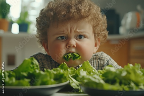 A young girl appears discontent while chewing on a piece of lettuce, surrounded by a large plate of fresh salad. The setting is a cozy kitchen with natural lighting