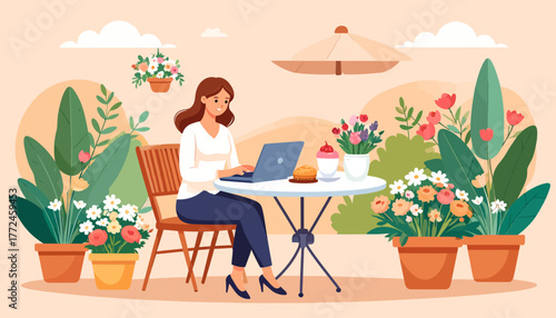Work from Anywhere A woman enjoys remote work in a serene garden setting with flowers and a laptop