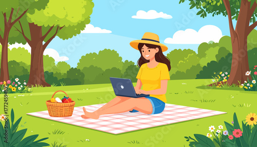Enjoying the freedom of work from anywhere, remote work in a beautiful park on a picnic blanket