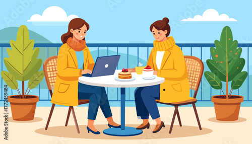 Embrace the freedom of remote work Two women enjoy a productive and flexible work-from-anywhere lifestyle at a charming outdoor cafe, blending professional tasks with social relaxation