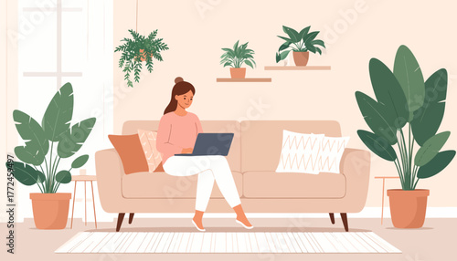 Work from Anywhere Girl Working on Laptop in Cozy Home Office with Plants, Embracing Remote Work Lifestyle