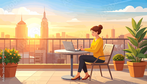 Work from anywhere A woman enjoying remote work on a sunny rooftop balcony with city skyline