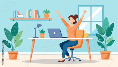 Happy woman celebrating success in a cozy home office, illustrating the freedom and productivity of remote work and a work from anywhere lifestyle