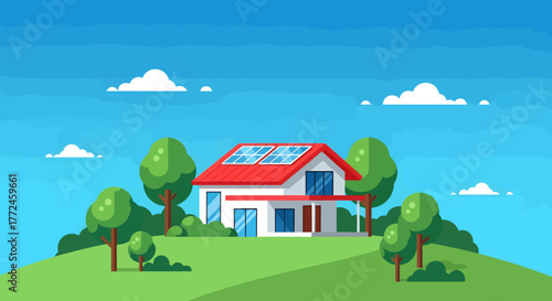 A beautiful, eco-friendly house with solar panels on the roof, surrounded by green hills and blue sky