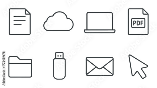 Minimalist icon set: cloud, laptop, pdf, folder, usb, email, cursor symbols on gradient background