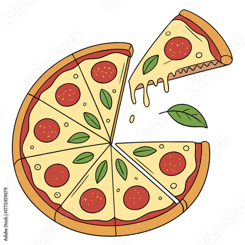 Sliced pepperoni pizza with a lifted slice and basil leaves Keywords: pizza, pepperoni, cheese, basil, slice, food, italian, cuisine, meal, dinner, lunch, fast food, delicious, cheesy, savory