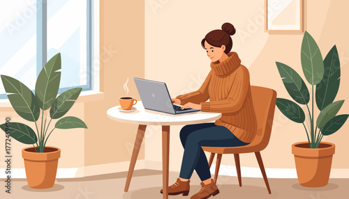 A woman in a cozy home office embraces remote work on her laptop, showcasing the work from anywhere lifestyle with comfort and productivity