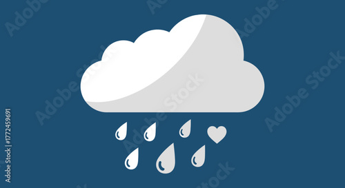 Cloud with raindrops falling and a heart shaped drop for weather, forecasts and love concepts