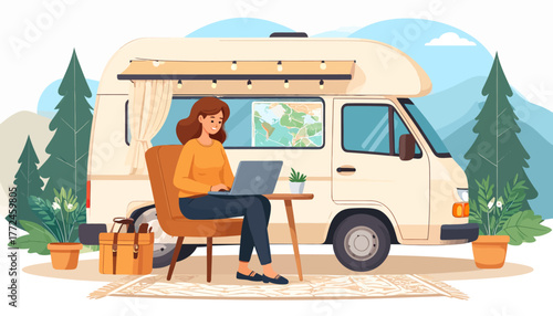 Embracing the digital nomad lifestyle, a woman enjoys remote work on her laptop next to a camper van in a serene forest setting, embodying the work from anywhere concept