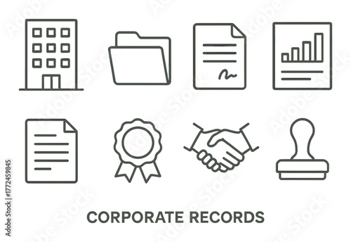 Corporate records icons: building, folder, document, chart, ribbon, handshake, stamp