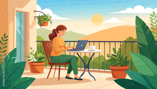 Woman working on laptop on balcony, embracing remote work and the freedom of working from anywhere