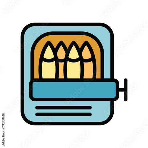 A tin of sardines The opened can is rectangular with sardines inside A blue pull tab is on the right side