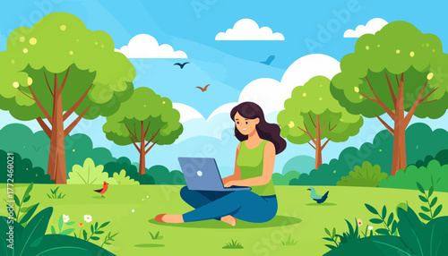 A young woman enjoying the freedom of remote work in a city park, illustrating the modern work from anywhere lifestyle