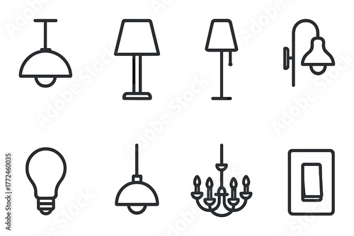 Set of minimalist lighting icons featuring lamps and switches