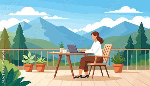 Work from anywhere Enjoying remote work with a view, serene outdoor office concept