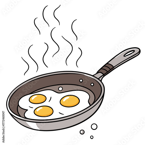 Three fried eggs cooking in a frying pan with steam and bubbles on a white background Keywords: fried eggs, cooking, frying pan, skillet, breakfast, food, kitchen, steam, hot, meal, omelet, egg