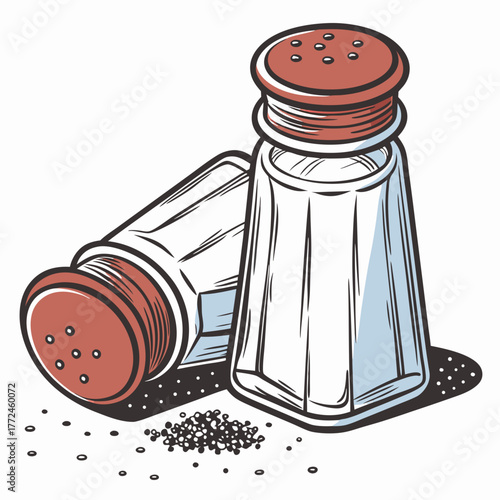 Two salt and pepper shakers with scattered peppercorns and salt crystals on a white background Keywords: salt shaker, pepper shaker, spices, seasoning, condiments, kitchen, cooking, food, dining