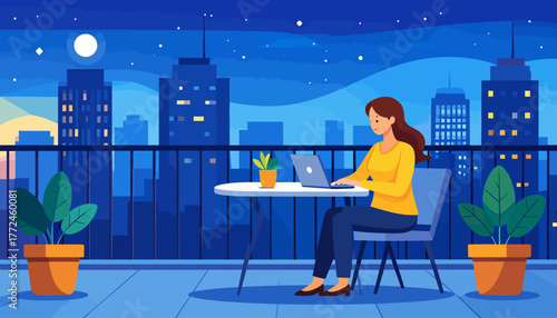 Discover true flexibility with work from anywhere, as a dedicated professional enjoys remote work on her laptop from a peaceful city balcony under the moonlight