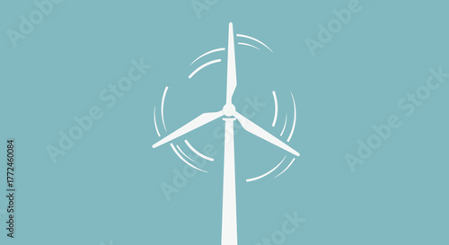 Clean energy concept detailed illustration of a wind turbine with spinning blades on a light blue background, representing renewable power generation and environmental sustainability