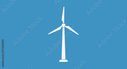 Minimalist illustration of a white wind turbine, symbolizing clean and sustainable energy production, eco-friendly technology, and the global shift towards renewable power sources for a greener future