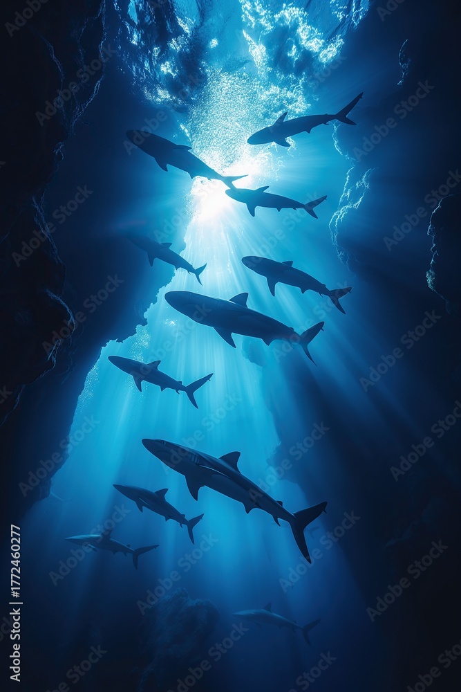 Obraz premium A group of sharks swimming gracefully in the deep blue ocean illuminated by sunlight filtering through water near an underwater cave